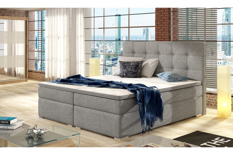 Esteiro Komplett Sängpaket – Dubbelsäng 160x200 cm i Tyg med Sänggavel + Bäddmadrass, Grå