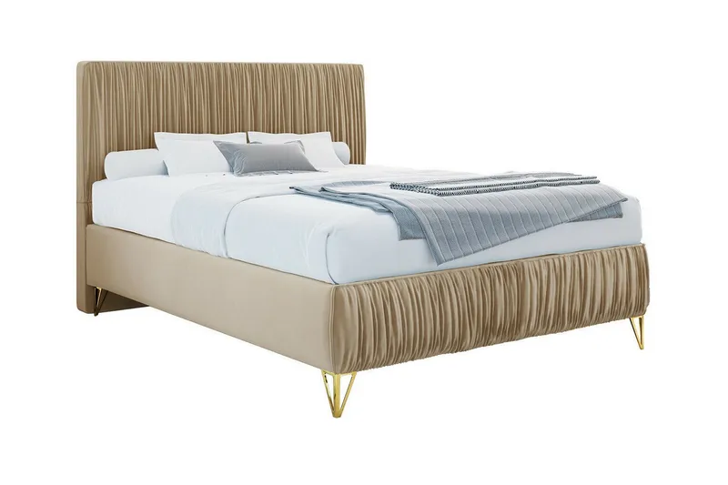 Gortin Komplett Sängpaket – Ramsäng 120x200 cm i Sammet med Sänggavel + Bäddmadrass, Beige