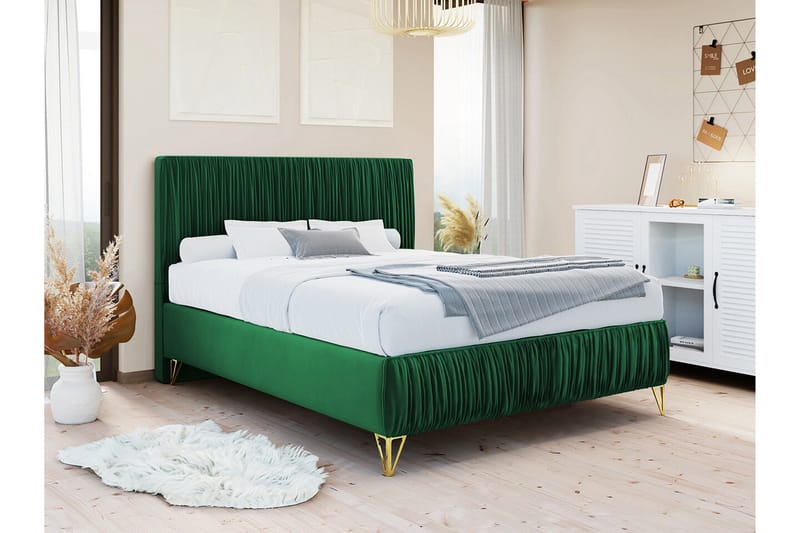 Gortin Komplett Sängpaket – Ramsäng 120x200 cm i Sammet med Sänggavel + Bäddmadrass - Grön - Möbler - Sovrum - Sängar - Komplett Sängpaket