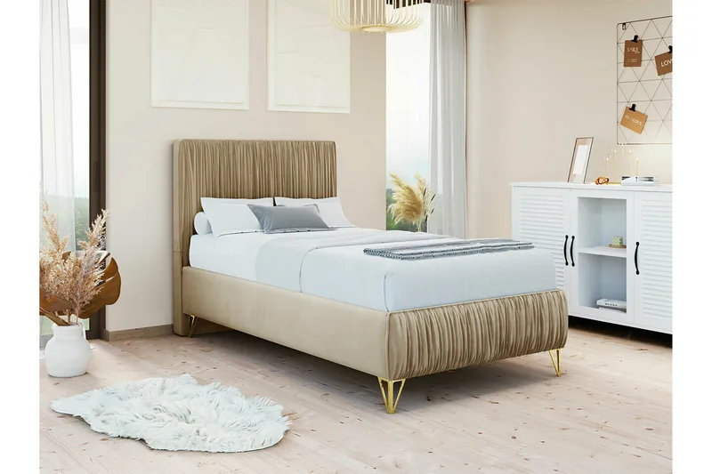 Gortin Komplett Sängpaket – Ramsäng 90x200 cm i Sammet med Sänggavel + Bäddmadrass - Beige - Möbler - Sovrum - Sängar - Komplett Sängpaket