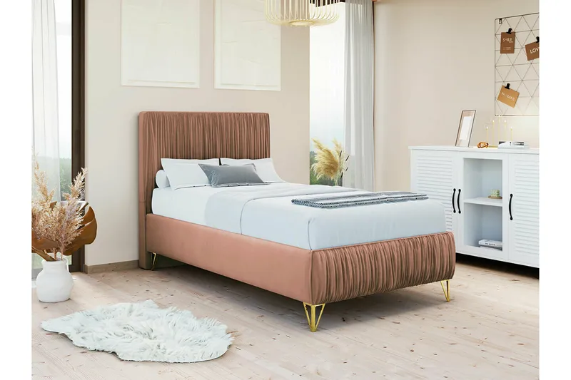 Gortin Komplett Sängpaket – Ramsäng 90x200 cm i Sammet med Sänggavel + Bäddmadrass - Gammalrosa - Möbler - Sovrum - Sängar - Komplett Sängpaket