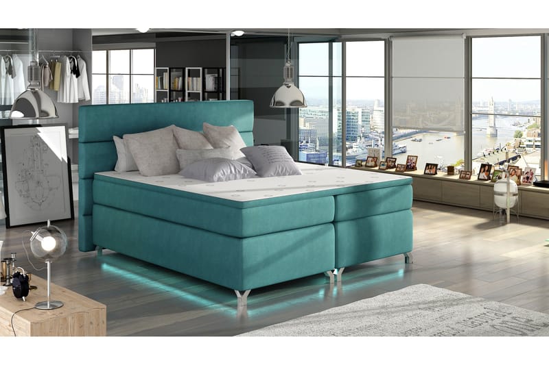Rodgerez Komplett Sängpaket – Dubbelsäng 140x200 cm i Tyg med Sänggavel + Bäddmadrass, Turkos