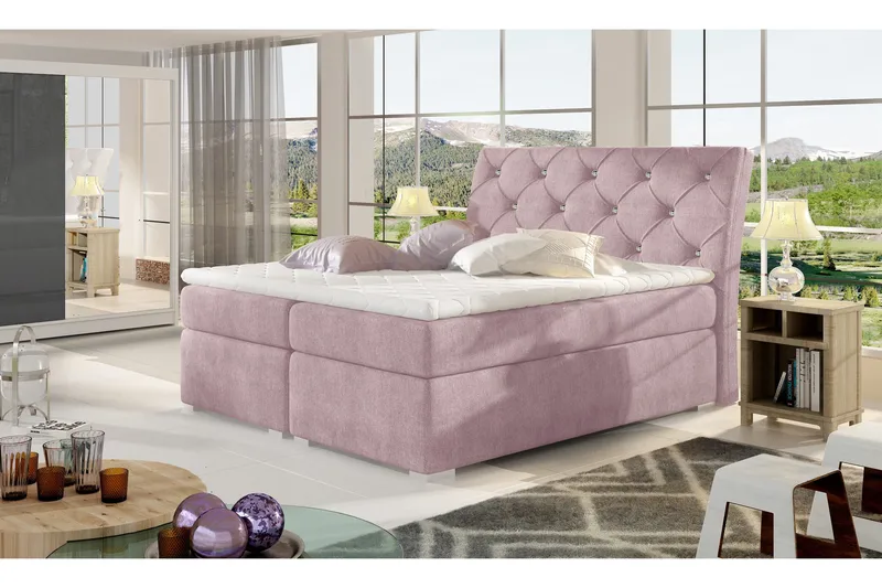 Sutra Komplett Sängpaket – Dubbelsäng 140x200 cm i Tyg med Sänggavel + Bäddmadrass, Rosa