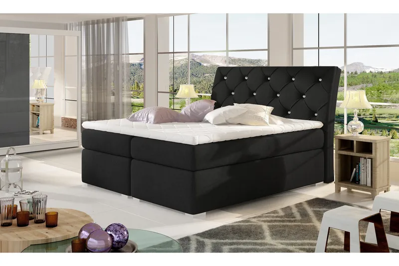 Sutra Komplett Sängpaket – Dubbelsäng 160x200 cm med Förvaring och Sänggavel + Bäddmadrass, Svart