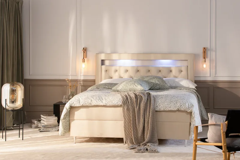 Alessia Komplett Sängpaket med Förvaring LED-belysning 160x200 cm - Biege - Möbler - Sovrum - Sängar - Sängar med förvaring