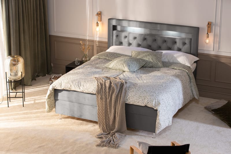 Alessia Komplett Sängpaket med Förvaring LED-belysning 160x200 cm - Ljusgrå - Möbler - Sovrum - Sängar - Sängar med förvaring