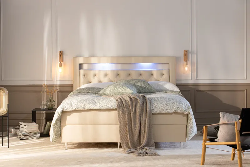 Alessia Komplett Sängpaket med Förvaring LED-belysning 180x200 cm - Beige - Möbler - Sovrum - Sängar - Sängar med förvaring