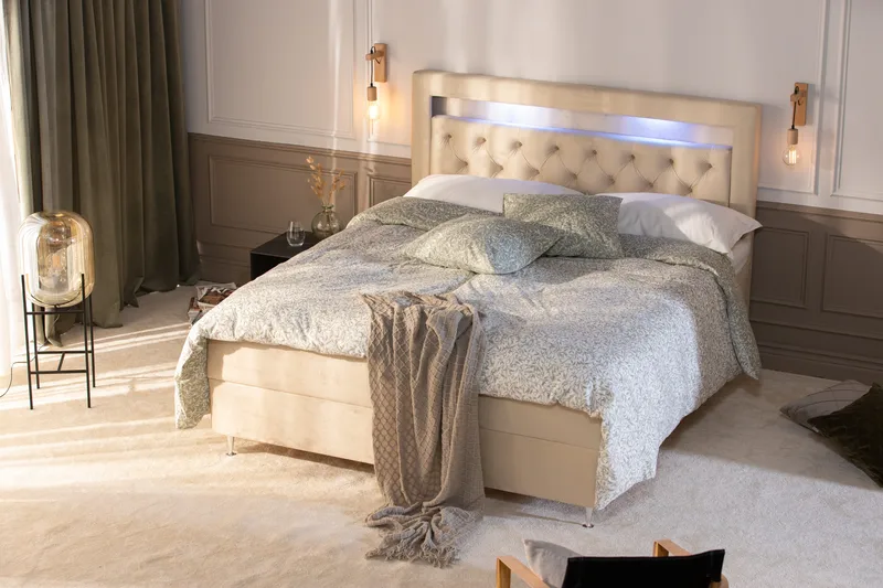 Alessia Komplett Sängpaket med Förvaring LED-belysning 180x200 cm - Beige - Möbler - Sovrum - Sängar - Sängar med förvaring