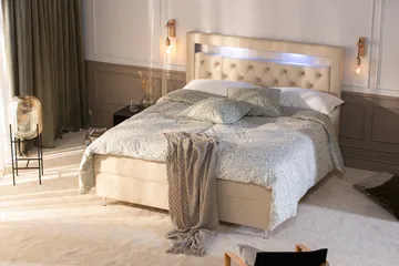 Alessia Komplett Sängpaket med Förvaring LED-belysning 180x200 cm - Beige - Möbler - Sovrum - Sängar - Sängar med förvaring