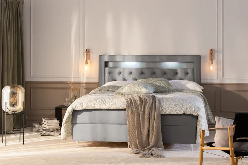 Alessia Komplett Sängpaket med Förvaring LED-belysning 180x200 cm - Grå / Ljusgrå - Möbler - Sovrum - Sängar - Sängar med förvaring