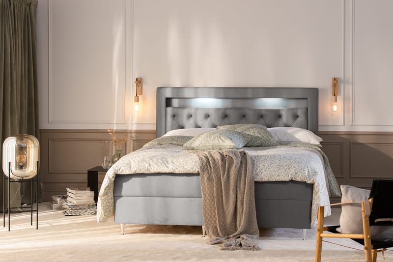 Alessia Komplett Sängpaket med Förvaring LED-belysning 180x200 cm - Grå / Ljusgrå - Möbler - Sovrum - Sängar - Sängar med förvaring