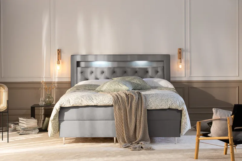 Alessia Komplett Sängpaket med Förvaring LED-belysning 180x200 cm - Grå / Ljusgrå - Möbler - Sovrum - Sängar - Sängar med förvaring