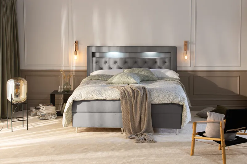 Alessia Komplett Sängpaket med Förvaring LED-belysning 180x200 cm - Grå / Ljusgrå - Möbler - Sovrum - Sängar - Sängar med förvaring