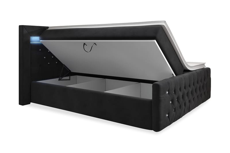 ELIO Crystal Kontinentalsäng 160x200 LED-belysning Svart/Sam - Komplett Sängpaket - Sängar med förvaring