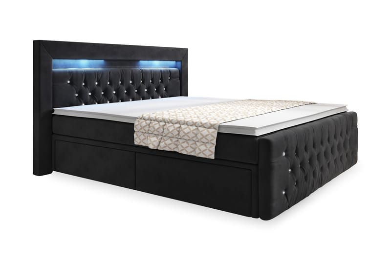 ELIO Crystal Kontinentalsäng 180x200 LED-belysning Svart/Sam - Komplett Sängpaket - Sängar med förvaring