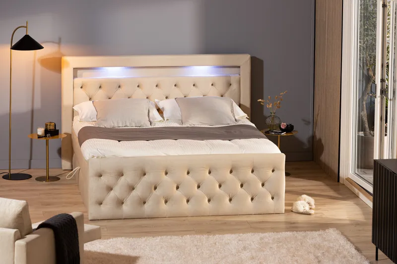 Francisco Komplett Sängpaket med Lyftförvaring LED-belysning 180x200 - Beige - Möbler - Sovrum - Sängar - Sängar med förvaring