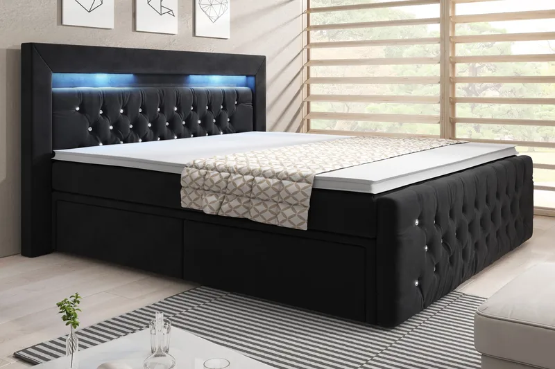 Franco Komplett Sängpaket med förvaring LED-belysning 180x200 cm - Svart / Sammet kristall sänggavel - Möbler - Sovrum - Sängar - Sängar med förvaring