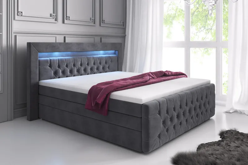 Franco Lyx Komplett Sängpaket med Förvaring 180x200 LED-belysning - Grå / Sammet - Möbler - Sovrum - Sängar - Komplett Sängpaket