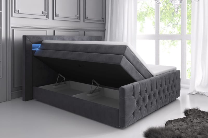 Franco Lyx Komplett Sängpaket med Förvaring 180x200 LED-belysning - Grå / Sammet - Möbler - Sovrum - Sängar - Komplett Sängpaket