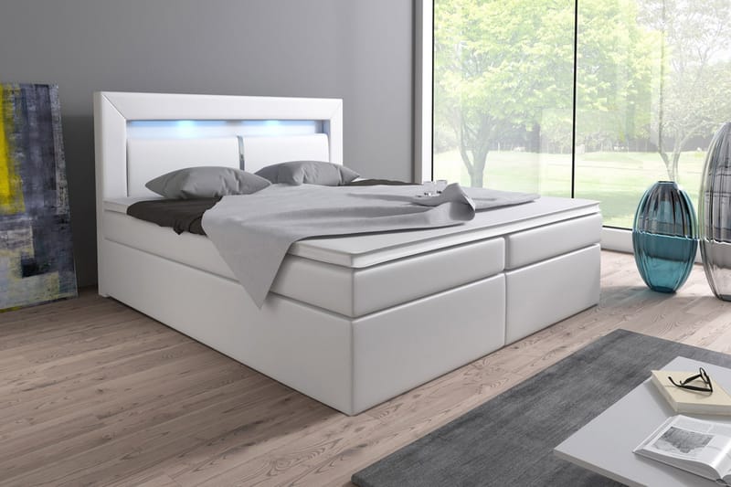 SIENNA Sängpaket 140 med Förvaring+LED Sänggavel Vit - Komplett Sängpaket - Sängar med förvaring