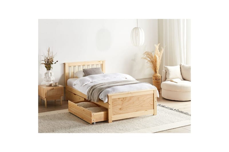 Säng med förvaringslådor Olendon Ljus trä, 90x200 cm, 4 - Ljus trä, 90x200 cm, 4 - Möbler - Sovrum - Sängar - Sängar med förvaring