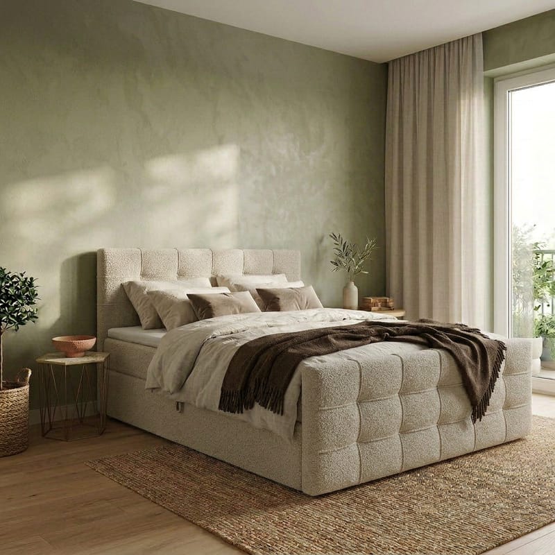 Sängpaket Kontinentalsäng Elvros 160x200 cm med Lyftförvaring - Krämfärgad écru / ljusbeige - Möbler - Sovrum - Sängar - Kontinentalsängar