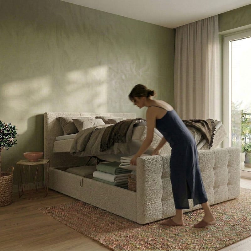 Sängpaket Kontinentalsäng Elvros 160x200 cm med Lyftförvaring - Krämfärgad écru / ljusbeige - Möbler - Sovrum - Sängar - Kontinentalsängar