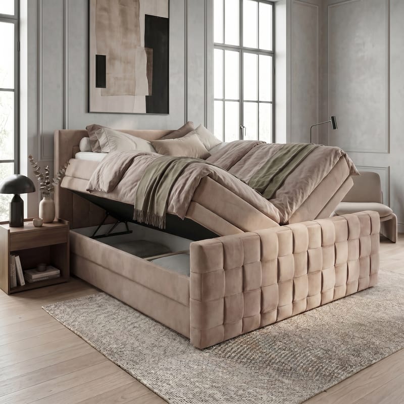 Sängpaket Kontinentalsäng Ryven 140x200 cm med Lyftförvaring - varm beige/latte - Möbler - Sovrum - Sängar - Kontinentalsängar