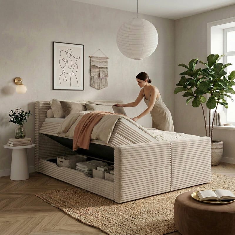 Sängpaket Kontinentalsäng Sorvin 160x200 cm med Lyftförvaring - Gräddvit/écru/elfenben - Möbler - Sovrum - Sängar - Kontinentalsängar