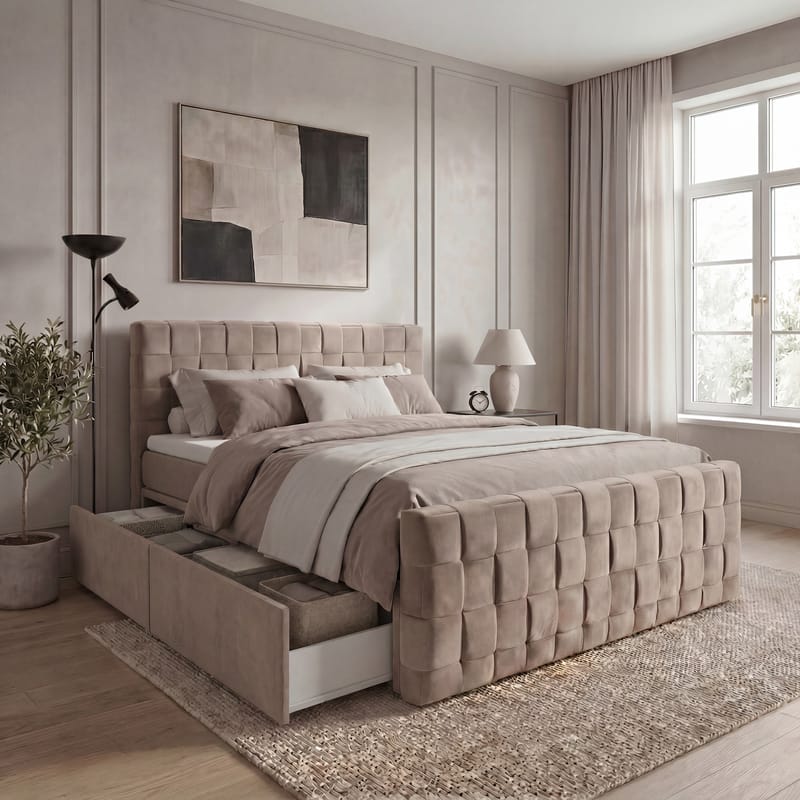 Sängpaket Kontinentalsäng Tyrosen 160x200 cm med Lådförvaring - Varm beige - Möbler - Sovrum - Sängar - Kontinentalsängar