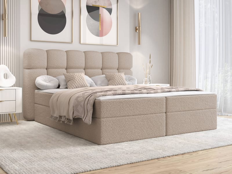 Varlen Komplett Sängpaket Kontinentalsäng med förvaring 180x200 cm Rutad - beige - Möbler - Sovrum - Sängar - Kontinentalsängar