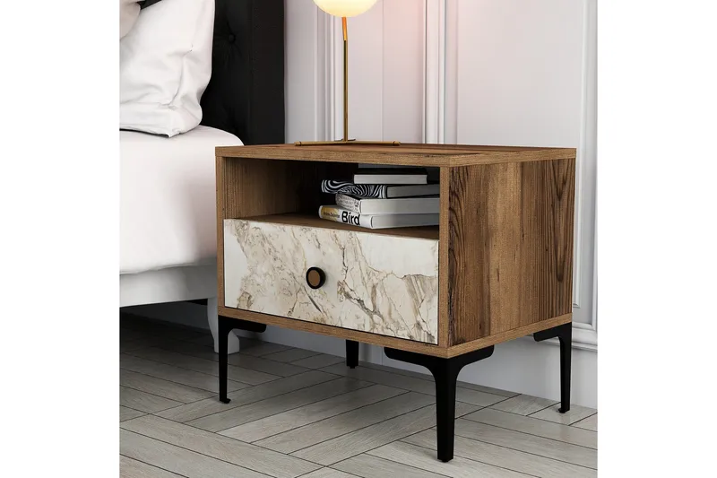 Ameias Sängbord 56x40 cm Brun/Vit - Hanah Home - Möbler - Sovrum - Sängbord