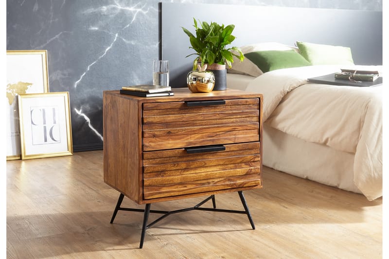 ANTASIA Sängbord 60 cm med Förvaring 2 Lådor Massivt Trä/Sva - Möbler - Sovrum - Sängbord