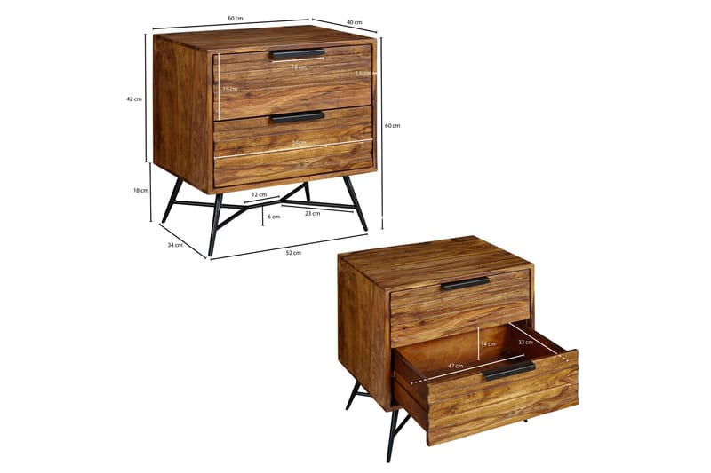 ANTASIA Sängbord 60 cm med Förvaring 2 Lådor Massivt Trä/Sva - Möbler - Sovrum - Sängbord