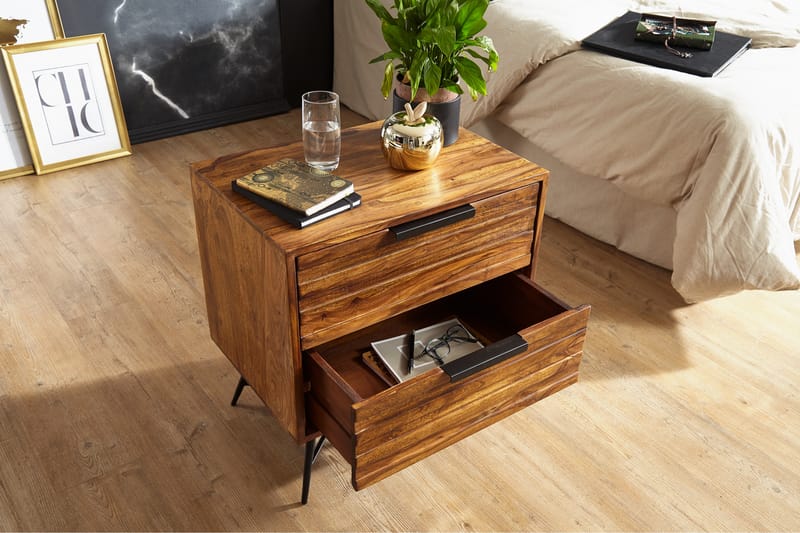 ANTASIA Sängbord 60 cm med Förvaring 2 Lådor Massivt Trä/Sva - Möbler - Sovrum - Sängbord