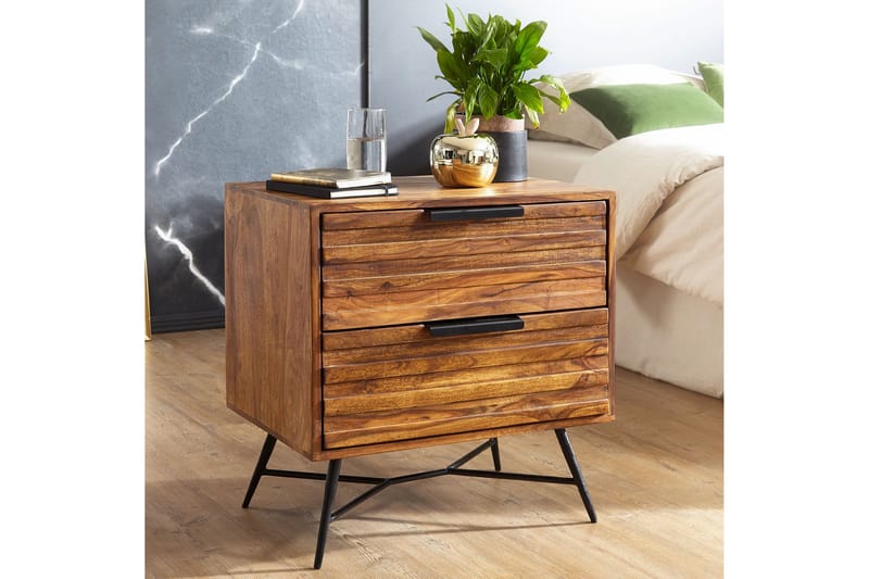 ANTASIA Sängbord 60 cm med Förvaring 2 Lådor Massivt Trä/Sva - Möbler - Sovrum - Sängbord