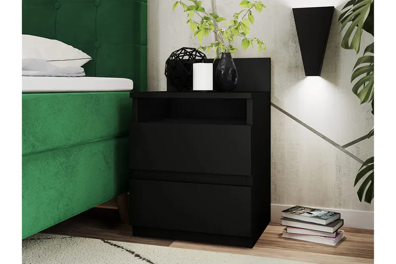 Basildon Sängbord 40 cm med Förvaring 2 Lådor + Hylla - Svart - Möbler - Sovrum - Sängbord