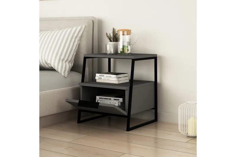 Bodsjö Sängbord 45 cm med Förvaring Hylla + Lucka - Grå/Svart - Möbler - Sovrum - Sängbord
