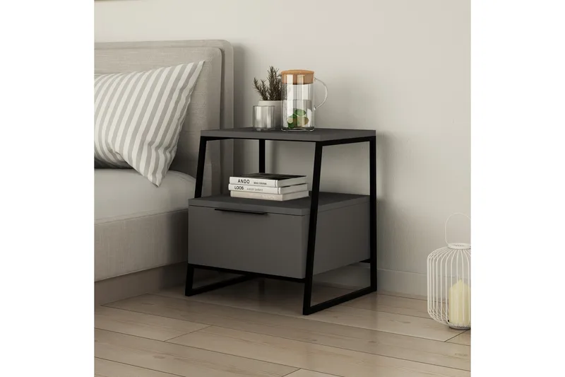 Bodsjö Sängbord 45 cm med Förvaring Hylla + Lucka - Grå/Svart - Möbler - Sovrum - Sängbord