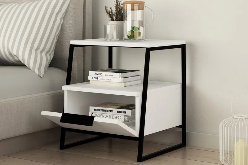 Bodsjö Sängbord 45 cm med Förvaring Hylla + Lucka - Vit/Svart - Möbler - Sovrum - Sängbord