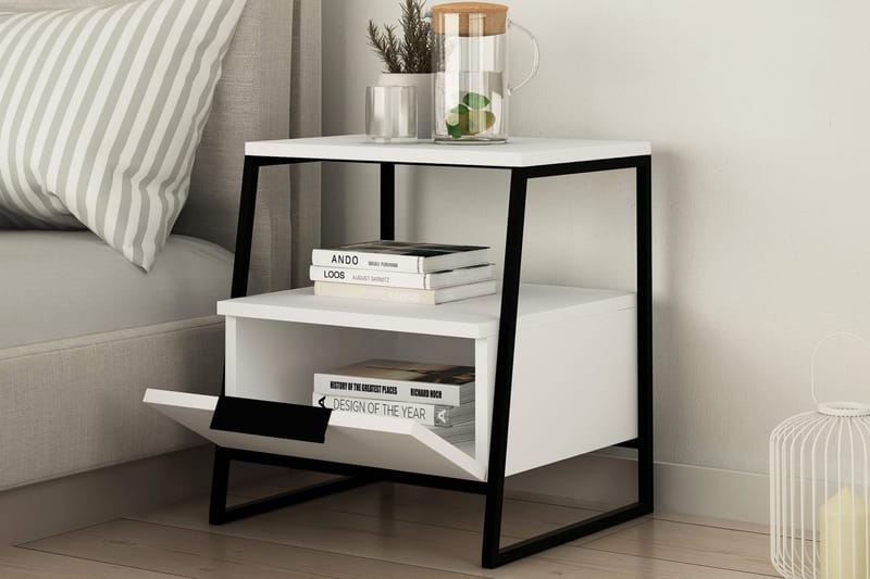Bodsjö Sängbord 45 cm med Förvaring Hylla + Lucka - Vit/Svart - Möbler - Sovrum - Sängbord