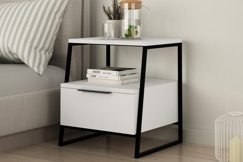 Bodsjö Sängbord 45 cm med Förvaring Hylla + Lucka - Vit/Svart - Möbler - Sovrum - Sängbord