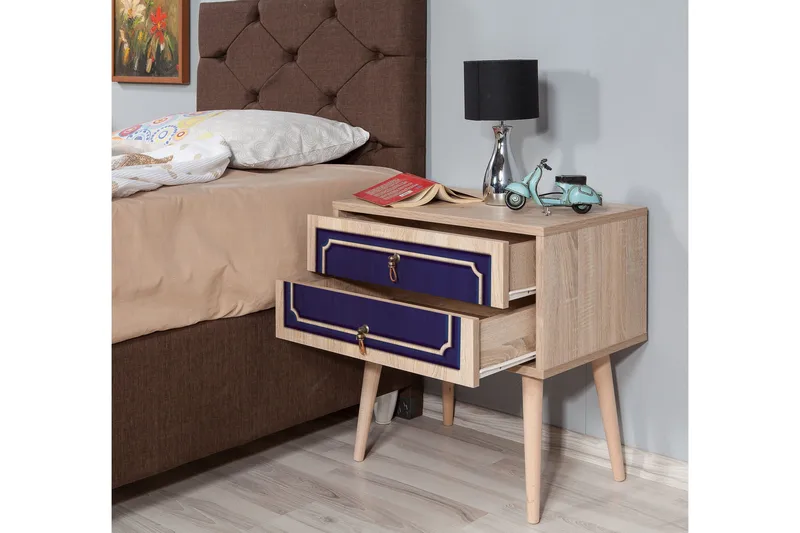 Brokind Sängbord 60 cm med Förvaring 2 Lådor Dekor - Natur/Blå - Möbler - Sovrum - Sängbord