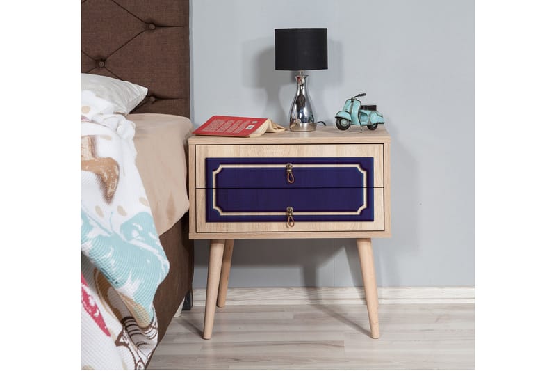 Brokind Sängbord 60 cm med Förvaring 2 Lådor Dekor - Natur/Blå - Möbler - Sovrum - Sängbord