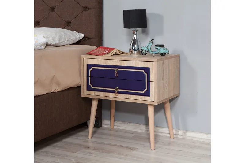 Brokind Sängbord 60 cm med Förvaring 2 Lådor Dekor - Natur/Blå - Möbler - Sovrum - Sängbord