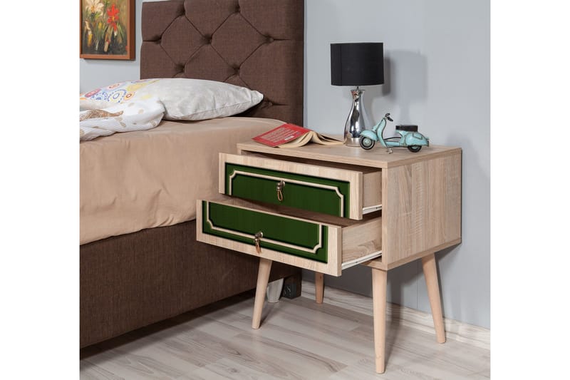 Brokind Sängbord 60 cm med Förvaring 2 Lådor Dekor - Natur/Grön - Möbler - Sovrum - Sängbord