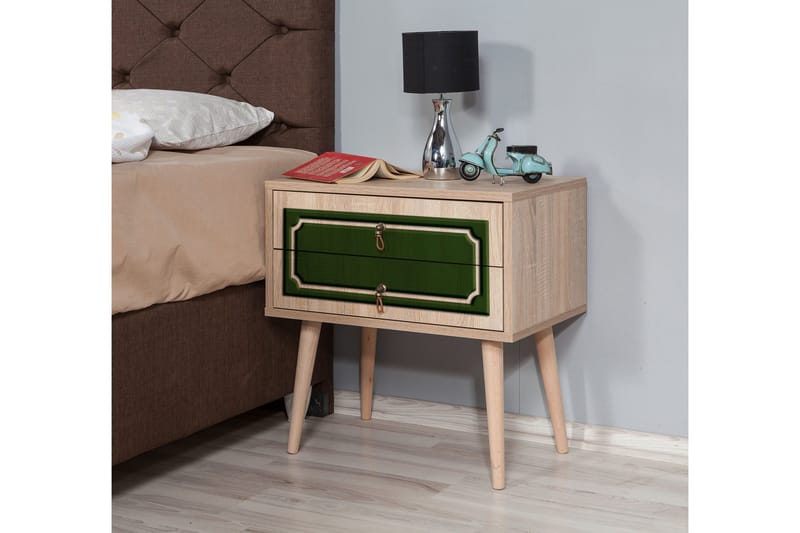 Brokind Sängbord 60 cm med Förvaring 2 Lådor Dekor - Natur/Grön - Möbler - Sovrum - Sängbord