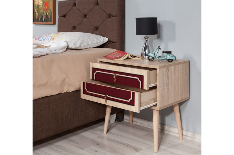 Brokind Sängbord 60 cm med Förvaring 2 Lådor Dekor - Natur/Röd - Möbler - Sovrum - Sängbord