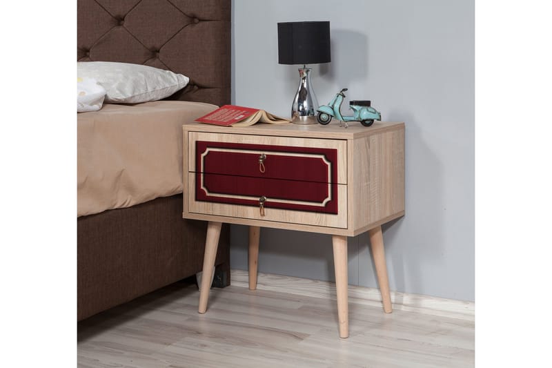 Brokind Sängbord 60 cm med Förvaring 2 Lådor Dekor - Natur/Röd - Möbler - Sovrum - Sängbord