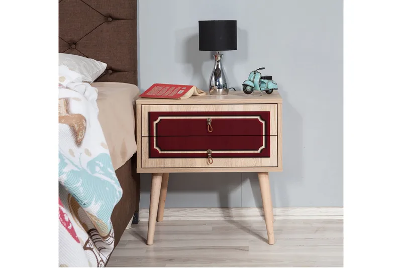 Brokind Sängbord 60 cm med Förvaring 2 Lådor Dekor - Natur/Röd - Möbler - Sovrum - Sängbord